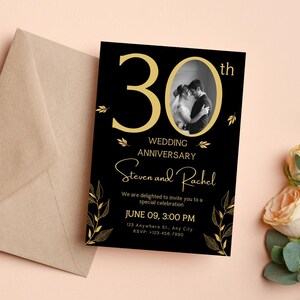 Inbjudan till 30-årsjubileum: Svart och guld, fotomall (digital nedladdning) bild 2