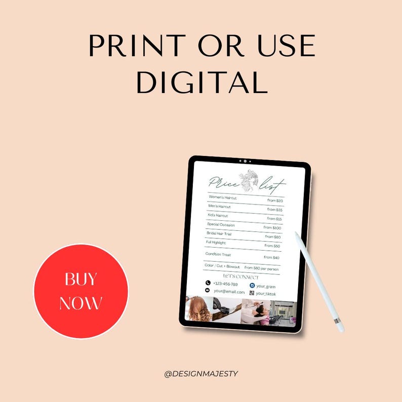 May include: A digital price list for a hair salon displayed on a tablet. The price list includes services such as women's haircut, men's haircut, kids' haircut, special occasion, bridal hair trial, full highlights, color + cut + treatment, and condition treatment. The price list also includes contact information for the salon.