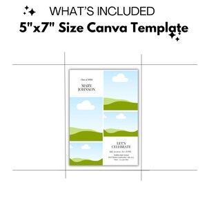 Pode incluir: Um modelo Canva de 5" x 7" para um convite para uma festa de gradua&ccedil;&atilde;o. O modelo apresenta um c&eacute;u azul com nuvens brancas e colinas verdes. O texto "Let's Celebrate" est&aacute; na parte inferior do modelo.