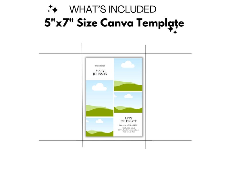 Pode incluir: Um modelo Canva de 5" x 7" para um convite para uma festa de gradua&ccedil;&atilde;o. O modelo apresenta um c&eacute;u azul com nuvens brancas e colinas verdes. O texto "Let's Celebrate" est&aacute; na parte inferior do modelo.