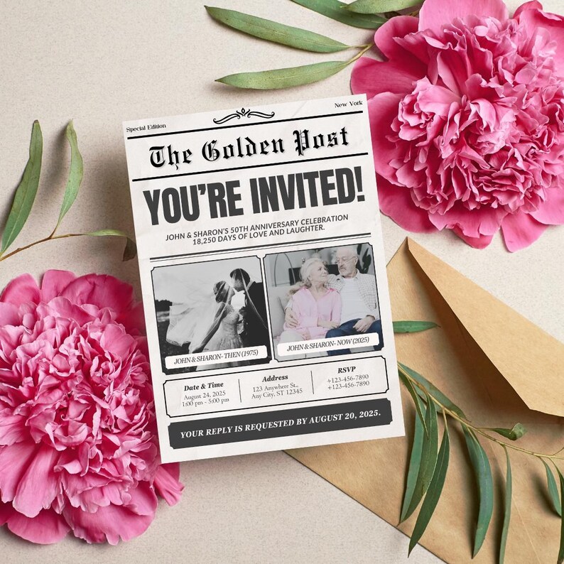 Peut inclure: Une invitation de style journal noir et blanc pour une c&eacute;l&eacute;bration de 50e anniversaire. L'invitation pr&eacute;sente deux photos d'un couple, l'une de leur jour de mariage et l'autre de nos jours. Le texte indique "The Golden Post" et "You're Invited!" avec les noms du couple et la date et l'heure de l'&eacute;v&eacute;nement. L'invitation comprend &eacute;galement une adresse et un num&eacute;ro de t&eacute;l&eacute;phone RSVP.