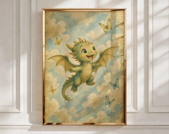 Dragon Nursery Wall Art, Little Dragon Learning to Fly, Playroom Decor, Baby Shower Gift