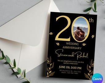 20th Anniversary Invitation Template: Black and Gold, Photo (Editable Canva Download)