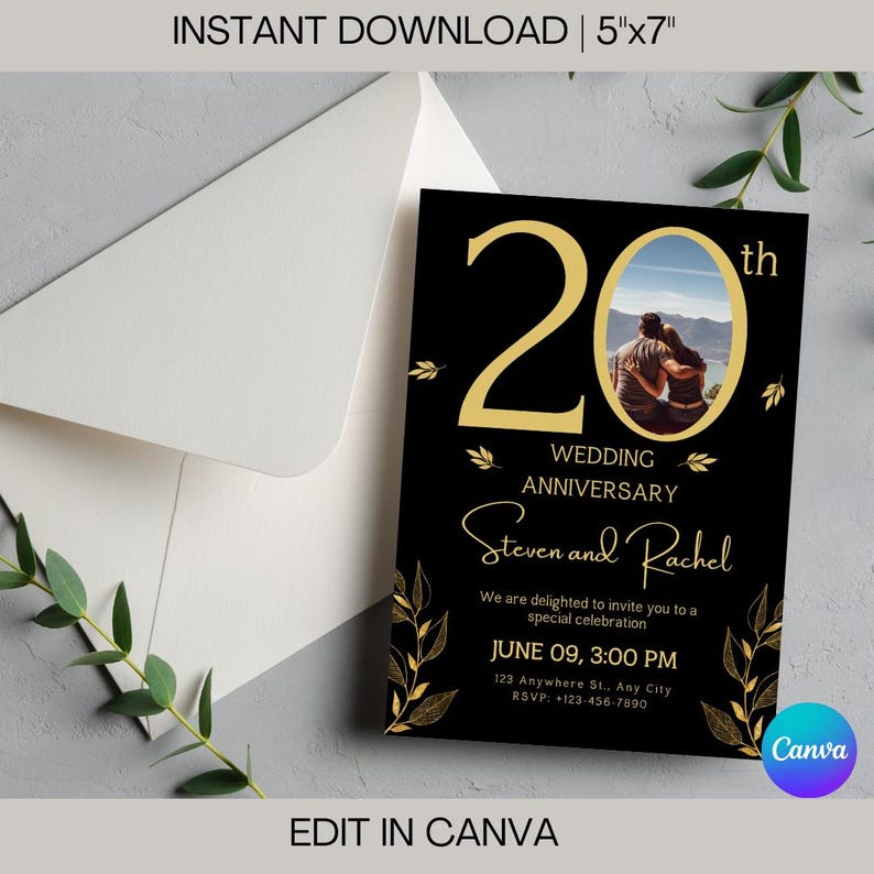 May include: A black and gold wedding anniversary invitation with a photo frame featuring a couple. The invitation reads "20th Wedding Anniversary Steven and Rachel" and includes the date and time of the event. The invitation is designed to be edited in Canva.