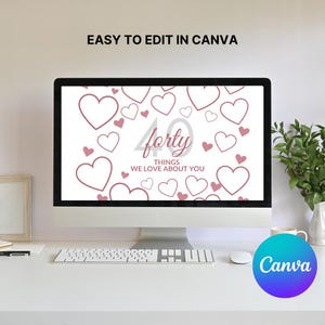 May include: A computer monitor displays a digital design with a white background and pink hearts. The text reads "forty" and "40 THINGS WE LOVE ABOUT YOU." The Canva logo is visible in the bottom right corner, with the text "EASY TO EDIT IN CANVA" at the top.