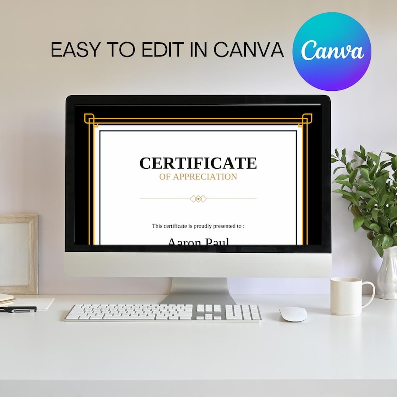 May include: A computer screen displaying a certificate of appreciation template in Canva. The certificate has a black background with gold and blue accents. The text "CERTIFICATE OF APPRECIATION" is displayed in gold lettering. The text "This certificate is proudly presented to: Aaron Paul" is displayed in black lettering.