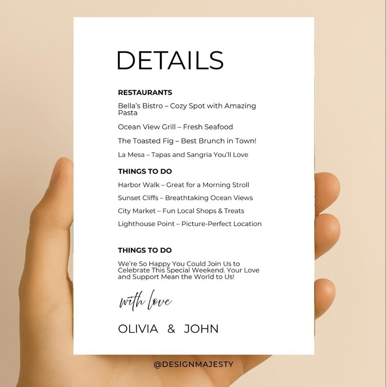 May include: A white card held in a hand, featuring the word "DETAILS" at the top. Below, lists of restaurants and things to do are printed in black. The card includes the names Olivia & John and the phrase "with love."