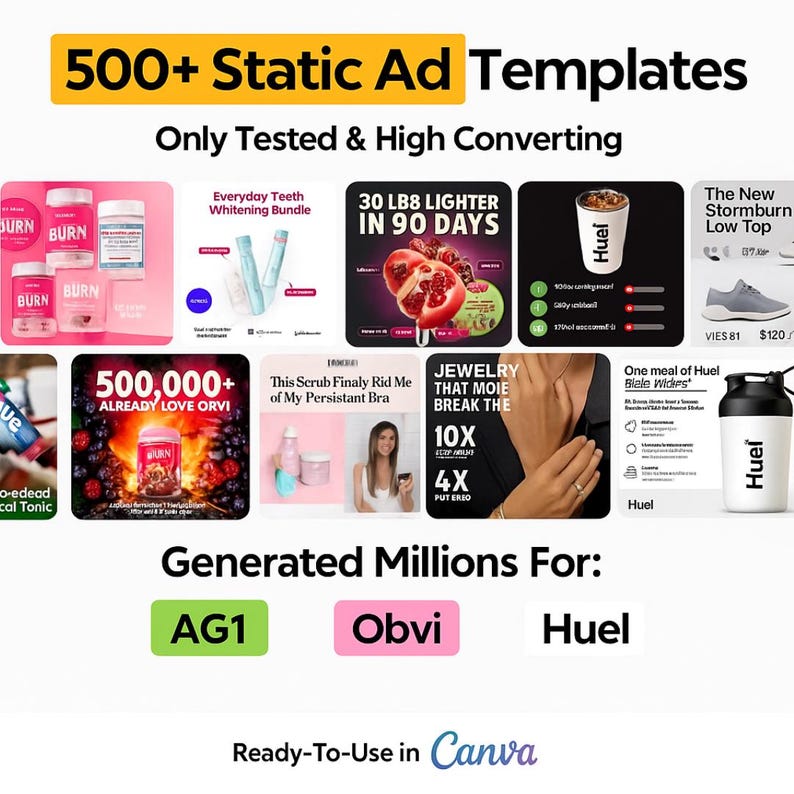 K&ouml;nnte beinhalten: Eine Werbegrafik mit dem Text "500+ Statische Anzeigevorlagen" und "Nur getestet & hochkonvertierend". Das Bild zeigt verschiedene Produktwerbungen, darunter Gewichtsverlust, Zahnaufhellung und Schmuck. Die Grafik enth&auml;lt auch den Text "Generiert Millionen f&uuml;r: AG1, Obvi, Huel."