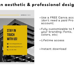 May include: A black and white image of a building with a yellow rectangle overlay. The rectangle contains the text "STAY IN TOUCH WITH US!" and contact information for a real estate company. The text "An aesthetic & professional design" appears above the image.