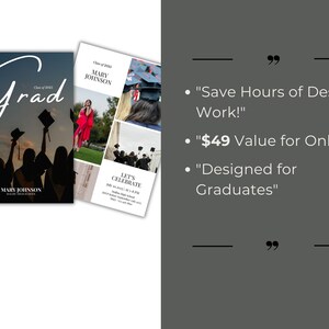 Pode incluir: Dois convites para uma festa de gradua&ccedil;&atilde;o com uma silhueta em preto e branco de um grupo de pessoas usando toucas e becas de gradua&ccedil;&atilde;o. O texto nos convites diz "Grad" e "Let's Celebrate".