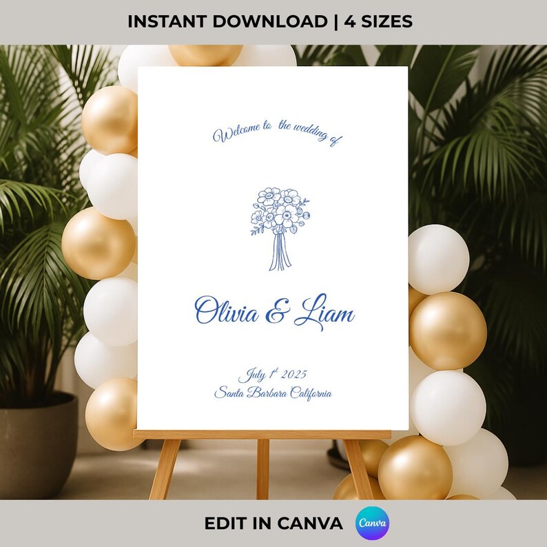 Elegant wedding welcome sign template featuring navy blue floral illustration and script text for Olivia & Liam, editable in Canva; ideal for modern wedding decor, instant download in 4 sizes.