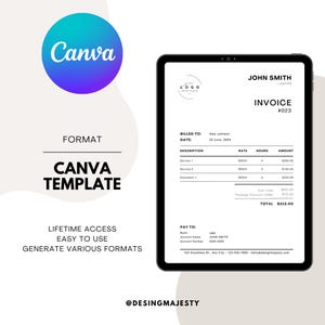 May include: A black and white invoice template for Canva. The template includes a logo, invoice number, billing information, description of services, rates, hours, amount, sub-total, package discount, total, and payment information. The template is designed for a lawyer.