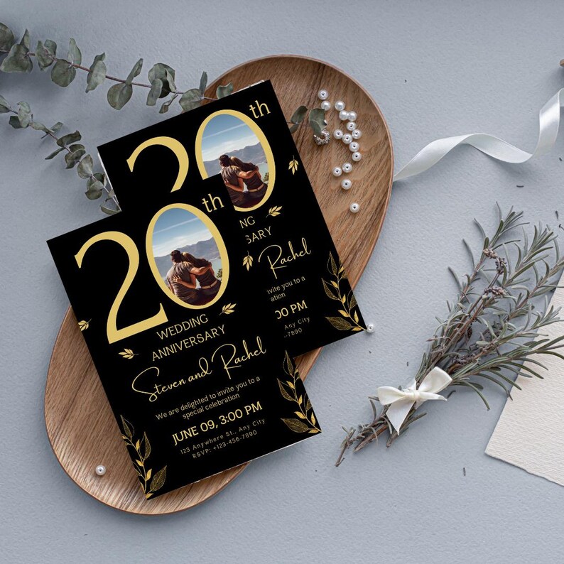 May include: Black and gold wedding anniversary invitation with a photo of a couple. The invitation says "20th Wedding Anniversary Steven and Rachel" and includes the date and time of the event.