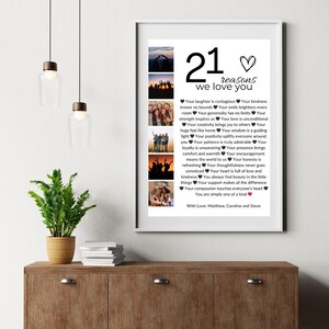 May include: A white framed photo collage with 21 reasons why someone is loved. The collage features photos of a group of people and the text "21 reasons we love you".