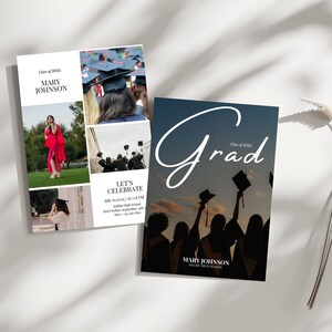 Pode incluir: Convite de formatura com uma colagem de fotos de uma graduanda em beca e capelo, um grupo de graduados e uma &uacute;nica graduanda. O convite inclui o nome da graduanda, a data e a hora da cerim&ocirc;nia de formatura e o local. O texto "Classe de 2025" e "Vamos Celebrar" tamb&eacute;m est&aacute; inclu&iacute;do.