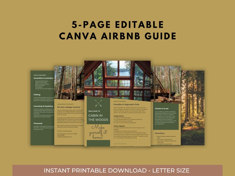 May include: A five-page guide for Airbnb hosts, with a cabin in the woods theme. The guide is editable in Canva and includes information about amenities, fishing, canoeing, kayaking, firewood, check-in and out, and directions. The guide is available for instant download in letter size.