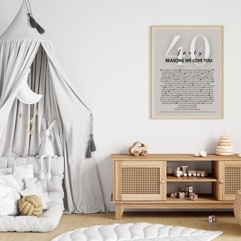 May include: A framed print with a light gray background and black text. The text reads "40 reasons we love you". The print is hanging on a white wall in a room with a white canopy bed and a wooden dresser.