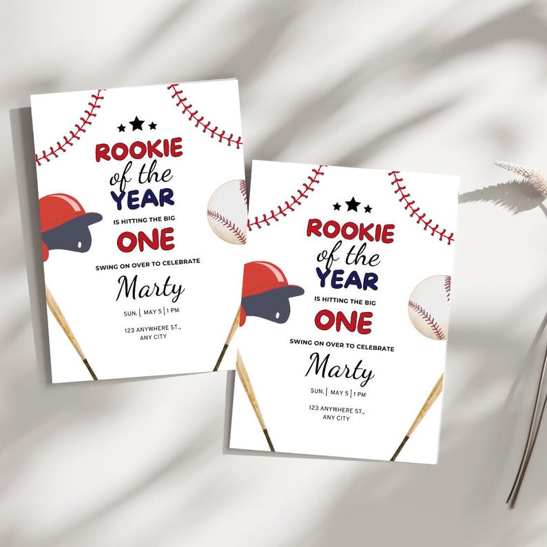 May include: Two baseball-themed birthday party invitations with red, white, and blue accents. The invitations feature a baseball bat, baseball, and a baseball cap. The text on the invitations reads "Rookie of the Year is hitting the big one" and includes the name "Marty" and party details.