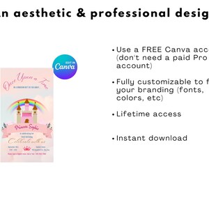 May include: A pink and white printable invitation with a castle and rainbow design. The text reads "Once Upon a Time" and "Princess Sophie Celebrate with us". The invitation can be edited in Canva.