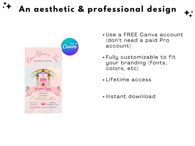 May include: A pink and white printable invitation with a castle and rainbow design. The text reads "Once Upon a Time" and "Princess Sophie Celebrate with us". The invitation can be edited in Canva.