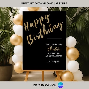 Black & Gold Birthday Welcome Sign, Editable Modern Party Sign Template, Canva Printable, Instant Digital Download