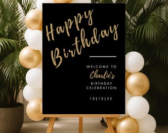 Black & Gold Birthday Welcome Sign: Modern Party Decor (Canva Editable, Digital Download)