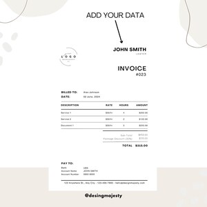 May include: A black and white invoice template with the text "ADD YOUR DATA" at the top. The invoice is for John Smith, Lawyer, and is numbered #023. The invoice is for Alex Johnson, dated June 2, 2024. The invoice lists services, rates, hours, and amounts. The total amount is $315.00.