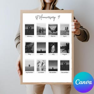 May include: A black and white photo collage of a couple's first year together. The collage is in a wooden frame and has the text "1st Anniversary" at the top. Each month of the year is represented by a photo of the couple.