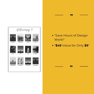 May include: A printable 1st anniversary calendar with 12 black and white photos of a couple in different poses. The calendar is labeled with the months of the year, from January to December. The text "1st Anniversary" is at the top of the calendar.