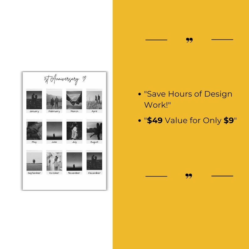 May include: A printable 1st anniversary calendar with 12 black and white photos of a couple in different poses. The calendar is labeled with the months of the year, from January to December. The text "1st Anniversary" is at the top of the calendar.