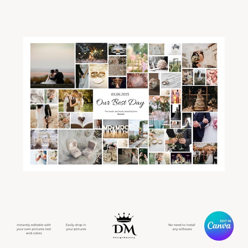 K&ouml;nnte beinhalten: Eine Collage von Hochzeitsfotos mit wei&szlig;em Hintergrund. Die Collage besteht aus 49 Einzelfotos, jedes mit einem wei&szlig;en Rand. Die Fotos sind in einem Raster angeordnet. Der Text "Our Best Day" ist in schwarzer Schrift auf wei&szlig;em Hintergrund in der Mitte der Collage geschrieben. Das Datum "03.06.2025" ist in schwarzer Schrift auf wei&szlig;em Hintergrund &uuml;ber dem Text "Our Best Day" geschrieben. Der Text "MR&MRS" ist in schwarzer Schrift auf wei&szlig;em Hintergrund unter dem Text "Our Best Day" geschrieben.