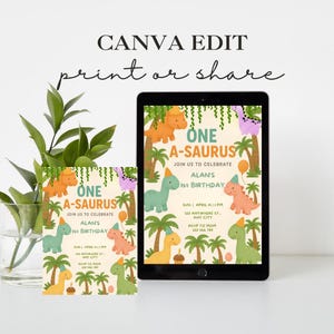 Pode incluir: Convite imprim&iacute;vel para uma festa de primeiro anivers&aacute;rio com tema de dinossauros. O convite apresenta um dinossauro verde, laranja e amarelo com o texto "One A-saurus" e "Join us to celebrate Alan's 1st Birthday".