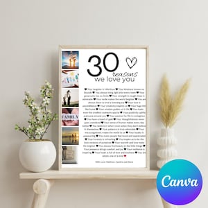 Puede incluir: Un p&oacute;ster imprimible con un collage de fotos y una lista de 30 razones para amar a alguien. El texto dice "30 razones por las que te amamos".