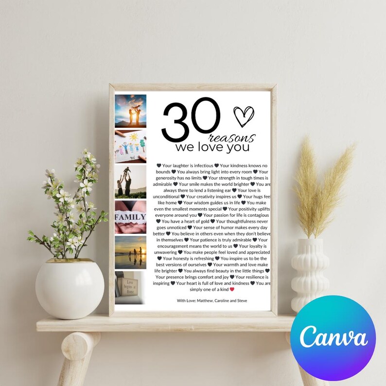Puede incluir: Un p&oacute;ster imprimible con un collage de fotos y una lista de 30 razones para amar a alguien. El texto dice "30 razones por las que te amamos".