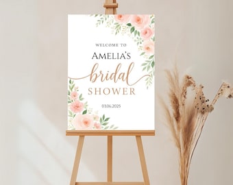 Cartello di benvenuto per addio al nubilato con rosa cipria, modello Canva modificabile, poster stampabile per eventi e feste femminili.