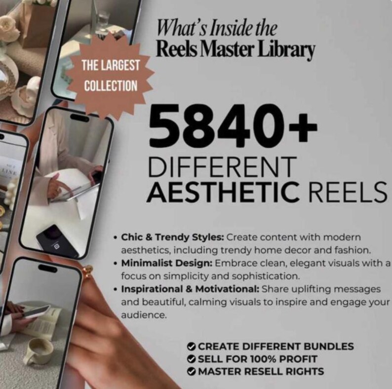 K&ouml;nnte beinhalten: Bild mit mehreren Smartphones, die &auml;sthetische Reels anzeigen. Der Text enth&auml;lt "What's Inside the Reels Master Library" und "5840+ DIFFERENT AESTHETIC REELS." Zus&auml;tzlicher Text hebt die Erstellung von Inhalten mit trendigen Stilen, minimalistischem Design und inspirierenden Botschaften hervor. Die gr&ouml;&szlig;te Sammlung.