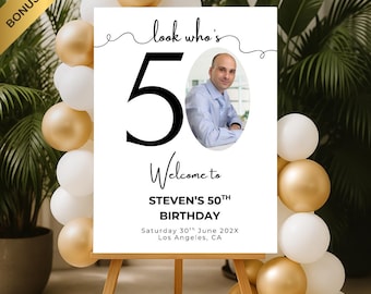 50th Birthday Welcome Sign: Photo Template for Men (Canva Editable)