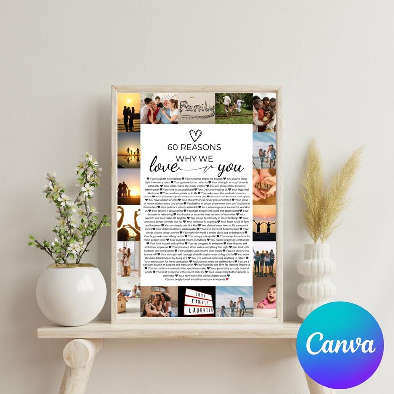 Op de afbeelding: Een collage van foto's met een lijst van 60 redenen waarom we van je houden. De foto's zijn van een familie en vrienden. De tekst is in zwart-wit. De achtergrond is wit.