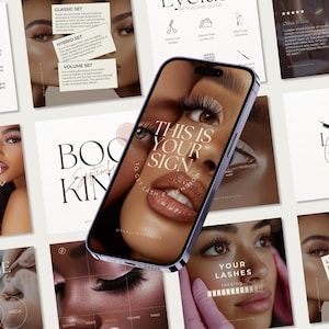 Op de afbeelding: Een collage van afbeeldingen die wimperextensions promoten. De afbeeldingen tonen close-ups van ogen met verschillende wimper stijlen, waaronder klassieke, hybride en volume sets. De tekst "Dit is je teken om wimperextensions te krijgen" staat op een telefoonscherm.