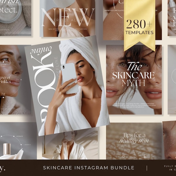 May include: A digital collection of 280+ skincare Instagram templates featuring various layouts with text overlays like The Skincare Myth, Types of Wrinkles, and Tips for a healthy skin, presented in a neutral color palette with photography.