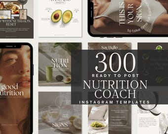 May include: A collection of 300 ready-to-post Instagram templates for nutrition coaches. The templates feature a variety of designs, including images of food, text overlays, and motivational quotes. The text "300 Ready to Post Nutrition Coach Instagram Templates" is displayed in large white letters on a black background.