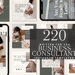 May include: A collage of images promoting business consulting services. The images feature a woman on a phone call, a woman holding a tablet, and text that says "Are You Ready to Lead?" and "220 Written for You Business Consultant Instagram Templates".