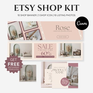 Feminine Rose Etsy Branding Kit | Etsy Shop Kit | Etsy Banner Template  | Etsy Shop Banner | Banner Kit | Sell on Etsy Listing template