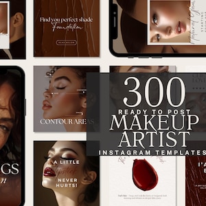 Puede incluir: Una colección de 300 plantillas de Instagram para maquilladores. Las plantillas presentan una variedad de diseños, incluyendo imágenes de pinceles de maquillaje, labiales y otros productos de maquillaje. El texto "300 Plantillas de Instagram para maquilladores listas para publicar" se muestra en letras grandes y en negrita.