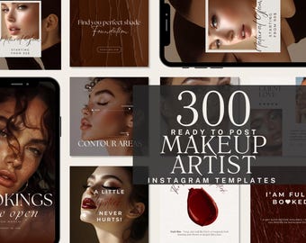 Puede incluir: Una colección de 300 plantillas de Instagram para maquilladores. Las plantillas presentan una variedad de diseños, incluyendo imágenes de pinceles de maquillaje, labiales y otros productos de maquillaje. El texto "300 Plantillas de Instagram para maquilladores listas para publicar" se muestra en letras grandes y en negrita.