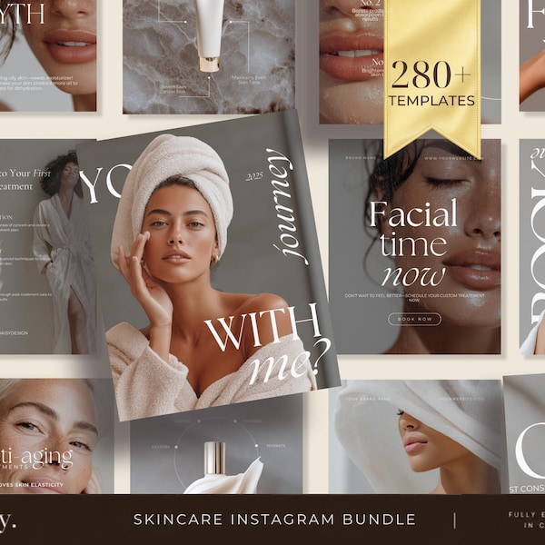 May include: A collection of digital social media templates for skincare featuring various layouts with text overlays like 280+ TEMPLATES, MYTH, Facial time now, and daisy. The designs include imagery of individuals in robes and towels, skincare bottles, and typography.