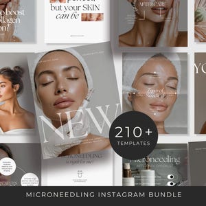 May include: A digital marketing bundle for Instagram featuring over 210 templates for microneedling services. The collection includes various layouts with text overlays like New Service Alert, Types of Needling, and 5 Benefits, showcasing skincare imagery.