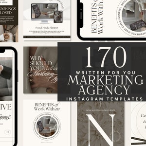 May include: A collage of images promoting a marketing agency's services. The images feature a laptop, a cup of coffee, and text that reads "170 Written for You Marketing Agency Instagram Templates".