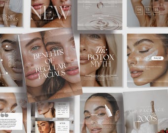 May include: A collage of images promoting skincare services. The images feature close-ups of faces, text about the benefits of regular facials, and the "Botox Myth".
