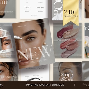 Könnte beinhalten: Eine Sammlung digitaler Marketingvorlagen für Permanent-Make-up-Dienstleistungen mit verschiedenen Layouts und Textüberlagerungen wie NEW SERVICE ALERT, 240+ TEMPLATES und MICROBLADING. Die Designs enthalten Nahaufnahmen von Augen, Augenbrauen und Lippenfarbmustern.